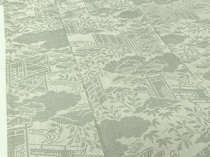 平和屋着物▽結城紬　単衣　100亀甲　流水風景文　正絹　逸品　AABJ9711jh