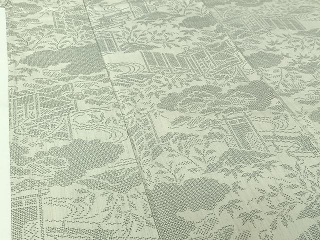 平和屋着物▽結城紬　単衣　100亀甲　流水風景文　正絹　逸品　AABJ9711jh