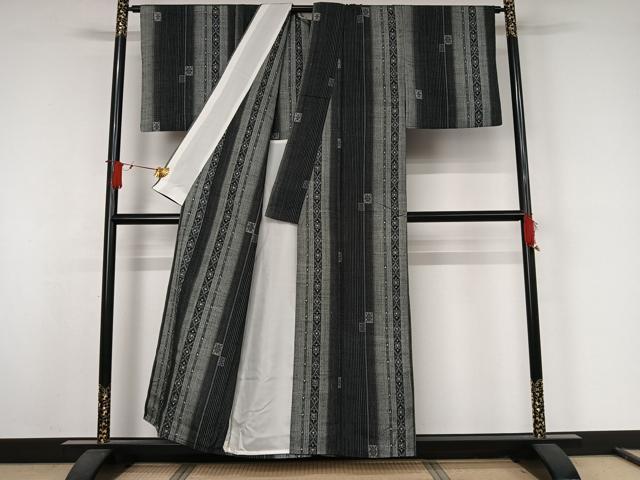 平和屋着物▽上質な紬　単衣　花菱文　正絹　逸品　AABJ9717jh