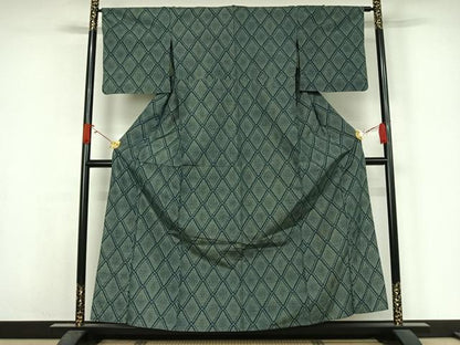平和屋着物▽上質な紬　単衣　菱文　正絹　逸品　AABJ9718jh
