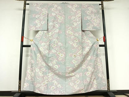 平和屋着物▽上質な紬　単衣　草花文　正絹　逸品　AABJ9720jh
