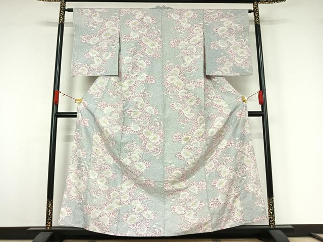 平和屋着物▽上質な紬　単衣　草花文　正絹　逸品　AABJ9720jh