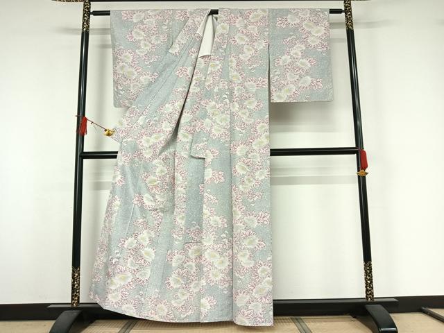 平和屋着物▽上質な紬　単衣　草花文　正絹　逸品　AABJ9720jh