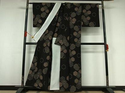 平和屋着物▽上質な紬　単衣　亀甲花文　正絹　逸品　AABJ9721jh