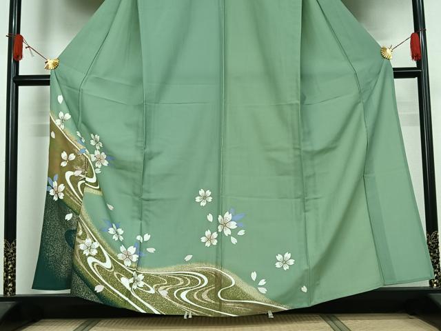平和屋着物▽訪問着　単衣　流水舞桜文　金彩　洗える着物　AABJ9723jh