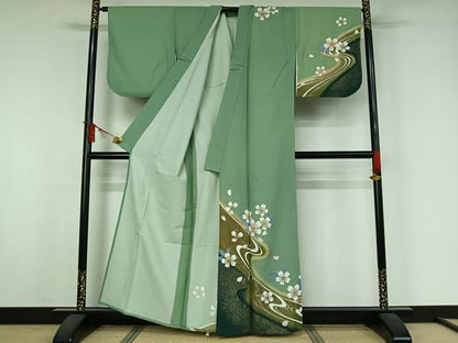 平和屋着物▽訪問着　単衣　流水舞桜文　金彩　洗える着物　AABJ9723jh