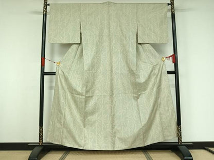 平和屋着物▽上質な紬　単衣　笹の葉文　正絹　逸品　AABJ9726jh