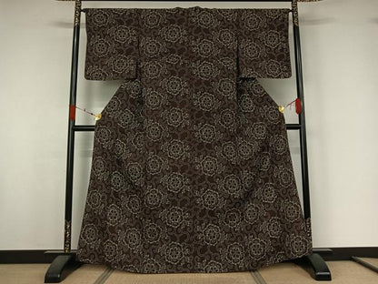 平和屋着物▽上質な小紋　単衣　紬地　花唐草文　正絹　逸品　AABJ9727jh