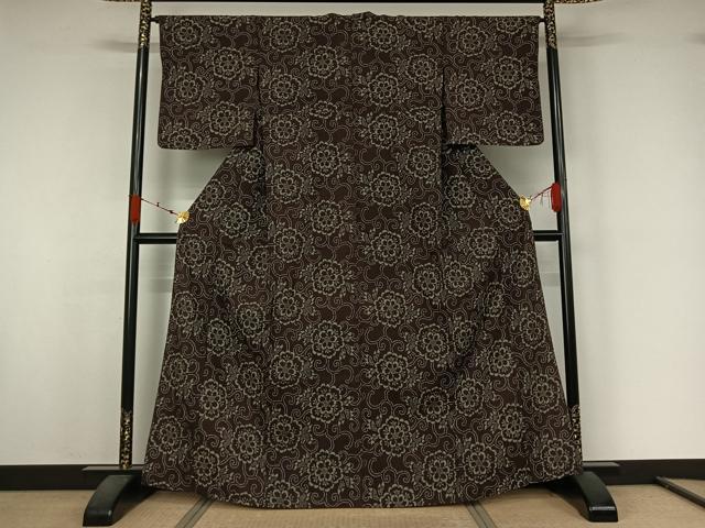 平和屋着物▽上質な小紋　単衣　紬地　花唐草文　正絹　逸品　AABJ9727jh