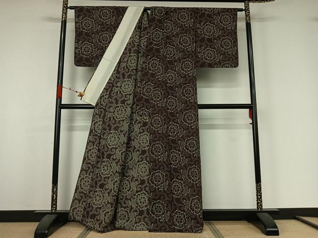 平和屋着物▽上質な小紋　単衣　紬地　花唐草文　正絹　逸品　AABJ9727jh