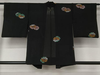 平和屋着物▽羽織　スリーシーズン　春夏秋　塵除け　刺繍　舞花文　黒地　金銀糸　正絹　逸品　AABJ9728jh