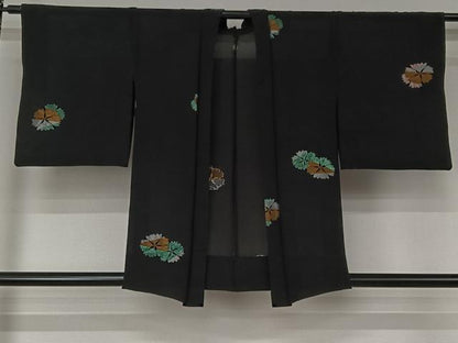平和屋着物▽羽織　スリーシーズン　春夏秋　塵除け　刺繍　舞花文　黒地　金銀糸　正絹　逸品　AABJ9728jh