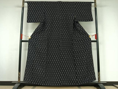 平和屋着物▽筑紫ゆうき　単衣　網目文　黒地　綿　逸品　AABJ9729jh