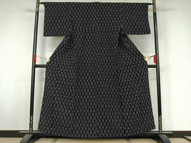 平和屋着物▽筑紫ゆうき　単衣　網目文　黒地　綿　逸品　AABJ9729jh