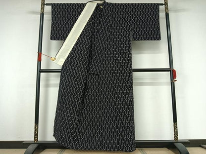 平和屋着物▽筑紫ゆうき　単衣　網目文　黒地　綿　逸品　AABJ9729jh