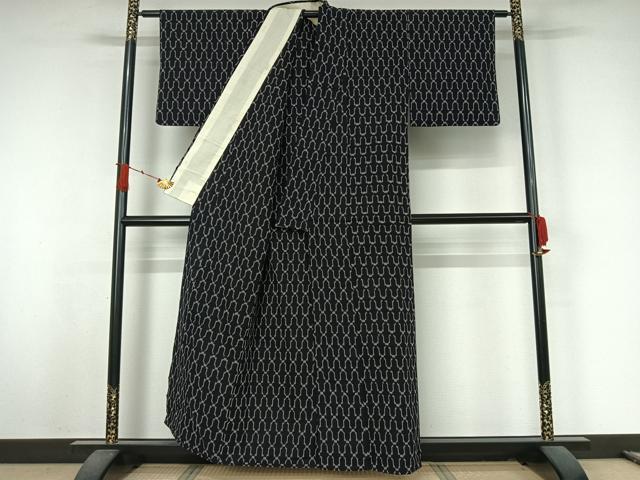 平和屋着物▽筑紫ゆうき　単衣　網目文　黒地　綿　逸品　AABJ9729jh