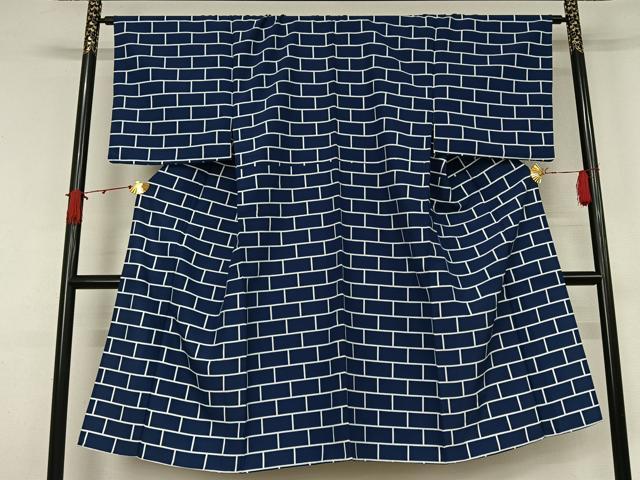 平和屋着物▽男性　小紋　単衣　幾何学文様　洗える着物　AABJ9733jh
