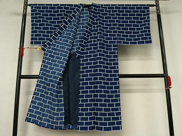 平和屋着物▽男性　小紋　単衣　幾何学文様　洗える着物　AABJ9733jh