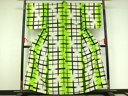 平和屋着物▽小紋　単衣　格子　暈し染め　洗える着物　AABJ9734jh