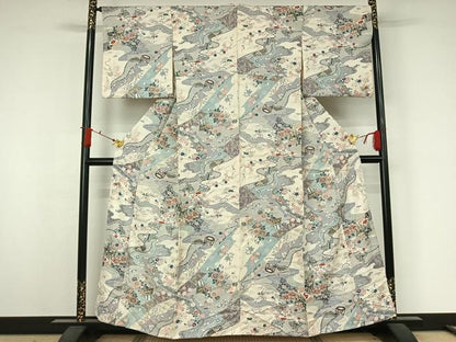 平和屋着物▽上質な小紋　単衣　御所車吉祥花文　金彩　正絹　逸品　AABJ9735jh