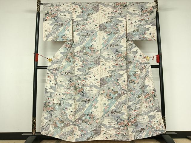 平和屋着物▽上質な小紋　単衣　御所車吉祥花文　金彩　正絹　逸品　AABJ9735jh