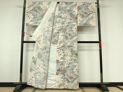平和屋着物▽上質な小紋　単衣　御所車吉祥花文　金彩　正絹　逸品　AABJ9735jh