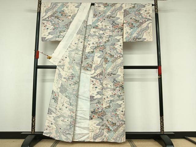 平和屋着物▽上質な小紋　単衣　御所車吉祥花文　金彩　正絹　逸品　AABJ9735jh