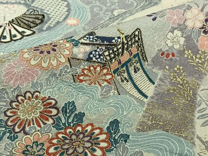 平和屋着物▽上質な小紋　単衣　御所車吉祥花文　金彩　正絹　逸品　AABJ9735jh
