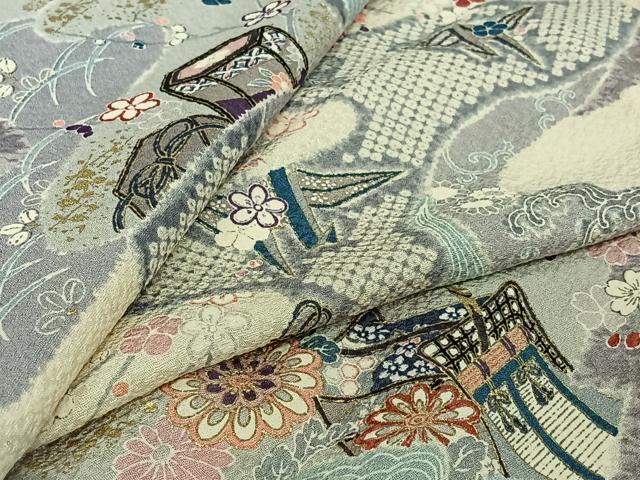 平和屋着物▽上質な小紋　単衣　御所車吉祥花文　金彩　正絹　逸品　AABJ9735jh