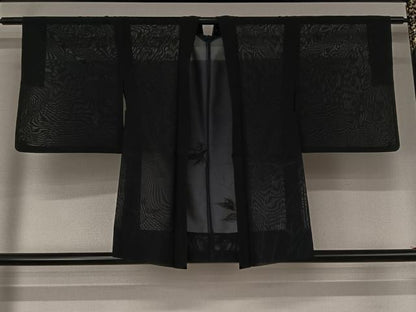 平和屋着物▽羽織　スリーシーズン　春夏秋　塵除け　草葉文　黒地　正絹　逸品　AABJ9736jh