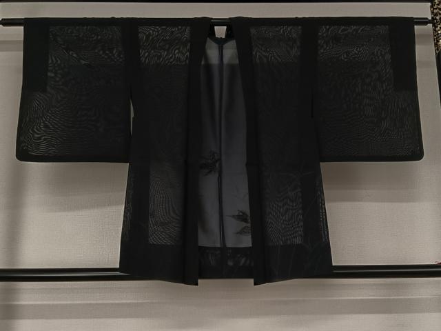 平和屋着物▽羽織　スリーシーズン　春夏秋　塵除け　草葉文　黒地　正絹　逸品　AABJ9736jh