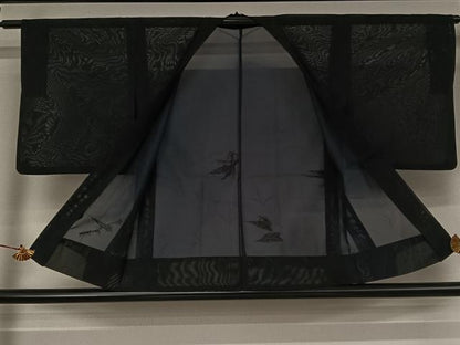 平和屋着物▽羽織　スリーシーズン　春夏秋　塵除け　草葉文　黒地　正絹　逸品　AABJ9736jh