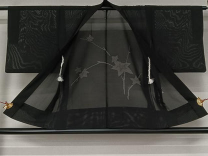 平和屋着物▽羽織　スリーシーズン　春夏秋　塵除け　枝葉文　黒地　正絹　逸品　AABJ9739jh