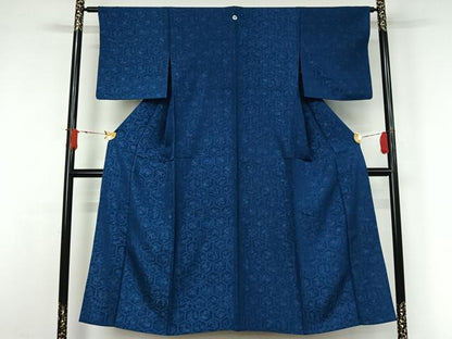 平和屋着物▽上質な色無地　単衣　亀甲花地紋　紺瑠璃色　正絹　逸品　AABJ9745jh