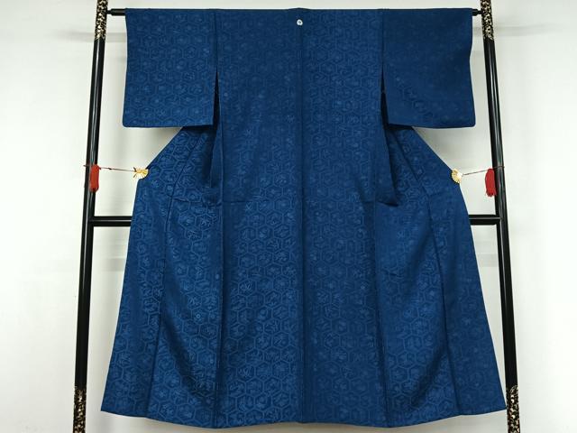 平和屋着物▽上質な色無地　単衣　亀甲花地紋　紺瑠璃色　正絹　逸品　AABJ9745jh