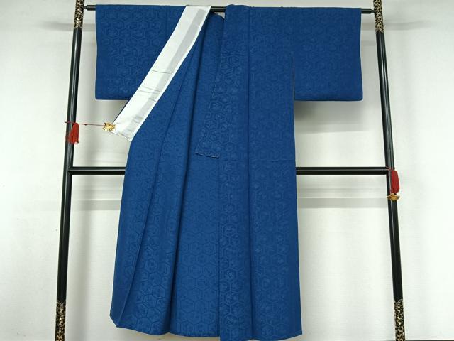 平和屋着物▽上質な色無地　単衣　亀甲花地紋　紺瑠璃色　正絹　逸品　AABJ9745jh