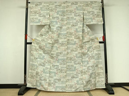 平和屋着物▽上質な紬　単衣　風景花文　正絹　逸品　AABJ9746jh