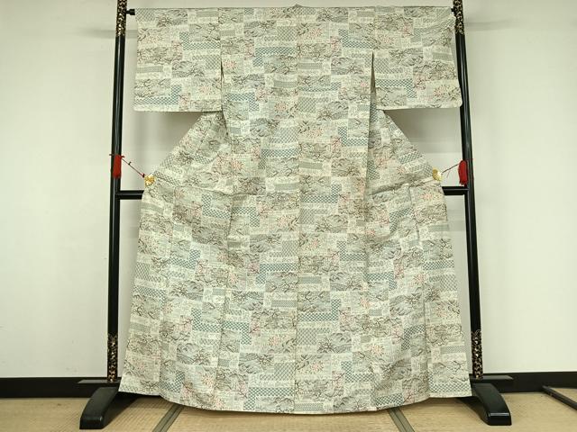 平和屋着物▽上質な紬　単衣　風景花文　正絹　逸品　AABJ9746jh
