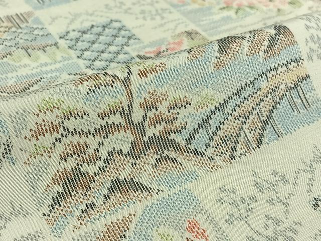 平和屋着物▽上質な紬　単衣　風景花文　正絹　逸品　AABJ9746jh