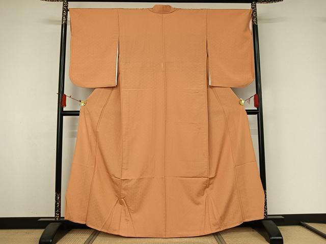 平和屋着物▽色無地　単衣　紗綾形地紋　杏色　洗える着物　AABJ9748jh