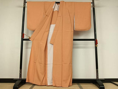 平和屋着物▽色無地　単衣　紗綾形地紋　杏色　洗える着物　AABJ9748jh