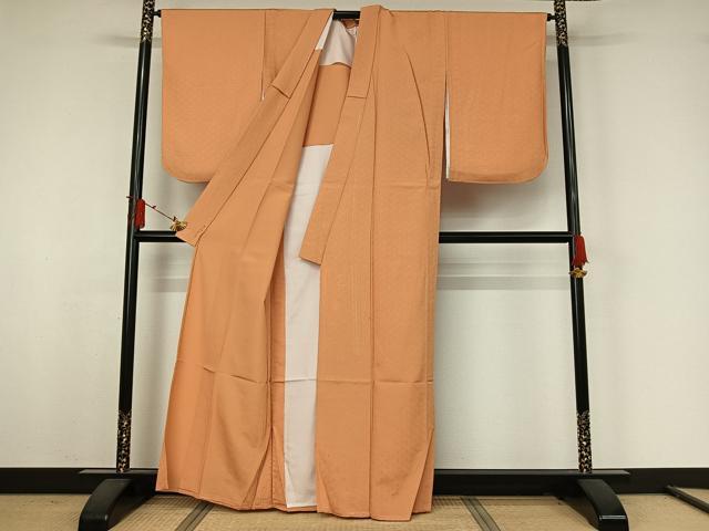 平和屋着物▽色無地　単衣　紗綾形地紋　杏色　洗える着物　AABJ9748jh
