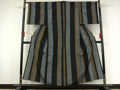 平和屋着物▽上質な紬　単衣　縞　正絹　逸品　AABJ9750jh