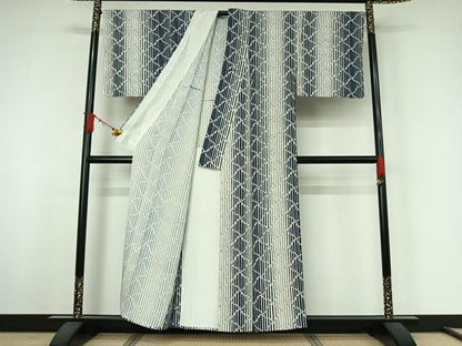 平和屋着物▽上質な小紋　単衣　網目文　正絹　逸品　AABJ9751jh