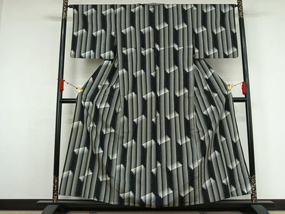 平和屋着物▽お召　単衣　幾何学文様　正絹　逸品　AABJ9752jh