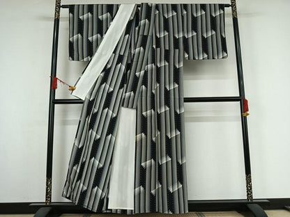 平和屋着物▽お召　単衣　幾何学文様　正絹　逸品　AABJ9752jh