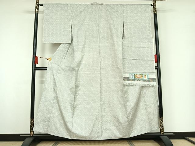 平和屋着物▽本場大島紬　白大島　単衣　9マルキ　麻の葉文様　株式会社大山謹製　証紙付き　正絹　逸品　AABJ9754jh
