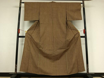 平和屋着物▽上質な紬　単衣　縞　正絹　逸品　AABJ9761jh