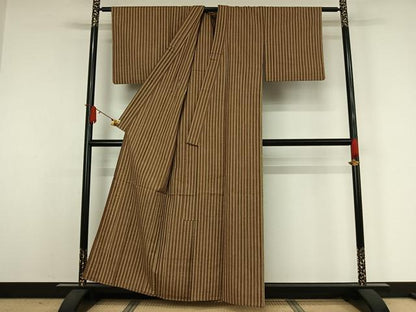 平和屋着物▽上質な紬　単衣　縞　正絹　逸品　AABJ9761jh