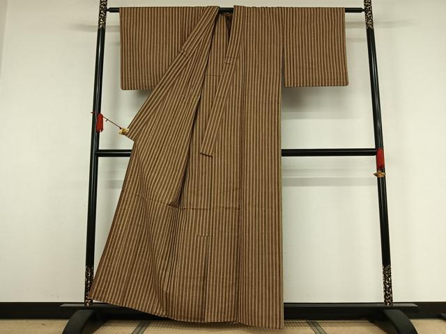 平和屋着物▽上質な紬　単衣　縞　正絹　逸品　AABJ9761jh